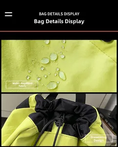 Close-up of waterproof nylon fabric with water droplets and drawstring closure detail