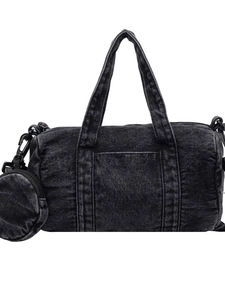 Black washed denim boston barrel bag with small round coin purse and top handles