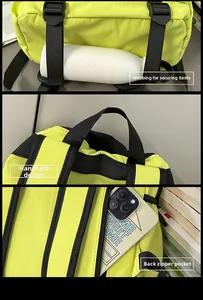 Detail of neon nylon backpack showing gear straps, handle, and hidden back zipper pocket