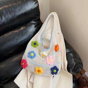 Women's Handmade Crochet Flower Tote Bag Summer Hollow Out Knit Underarm Bag Aesthetic Floral Beach Shoulder Bag Handbag