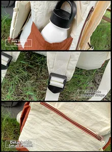 Detail of adjustable straps, side pocket and detachable pouch on canvas backpack