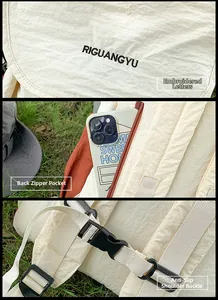 Detail of embroidered logo, anti-theft back pocket and adjustable strap on beige backpack