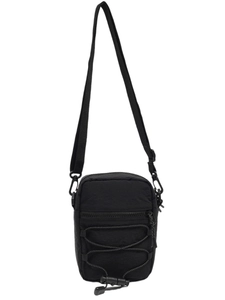 Fashionable black nylon crossbody bag with front elastic drawstring and adjustable strap