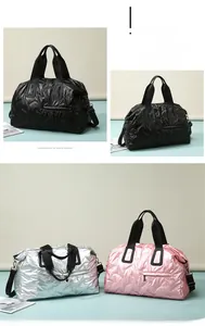 Detailed comparison of quilted metallic travel bags in black, silver and pink colors