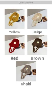Grille détaillée de sacs de plage tricotés en jaune, beige, rouge, marron et kaki avec marguerites