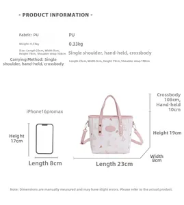 Detailed size chart for printed PU bucket bag with iPhone 16 Pro Max for scale