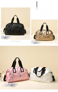 Quilted travel tote bags in black, gold, pink and silver shown with adjustable straps