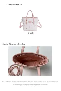 Detail view of pink and white printed tote bag with cartoon patterns and interior lining