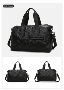 Detailed views of a black quilted travel bag with glossy nylon texture and shoulder strap