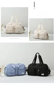 Close-up of durable nylon travel bag featuring multi-pocket design and detachable strap