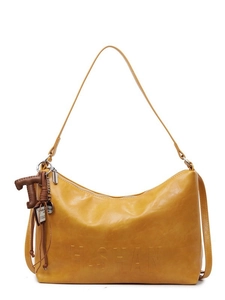 Large yellow leather dumpling shoulder bag with H.SHAN embossing and stylish pendant decor