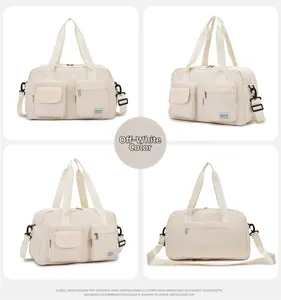 Detailed views of the beige multi-functional fitness bag with adjustable shoulder straps