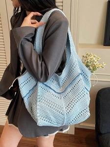 Women's Vintage Knitted Tote Bag Large Capacity Hollow Out Crochet Shoulder Bag Literary Style Woven Shopping Bag For Women