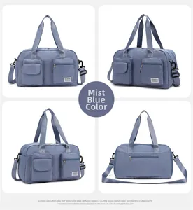 Foggy blue travel bag details showing multi-angle views and multi-pocket structure