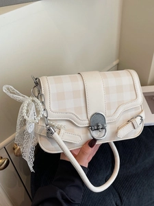 Borsa a Tracolla Gingham Donna Con Ciondolo Fiocco In Pizzo Di Künstliche Perle Dolce Retro PU Pelle Flap Borsa Sottoascellare Moda