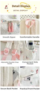 Detailed views of white quilted star backpack showing zippers, straps and pockets