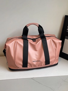 Pink PU leather expandable fitness duffel bag with durable black straps and large capacity