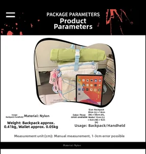 Detailed size specifications for nylon hiking backpack with small coin purse
