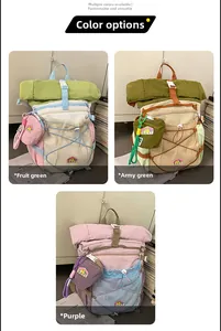 Outdoor backpacks in fruit green, army green, and purple with buckles and mesh pockets