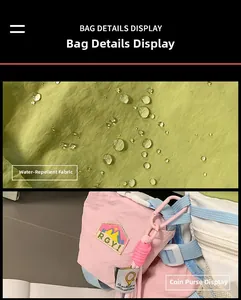 Detail of waterproof nylon fabric with droplets and a small contrast coin purse on backpack