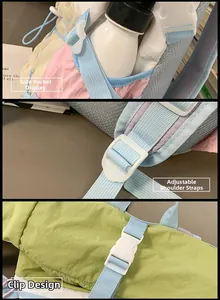 Detail view of side pocket, adjustable mesh straps and buckle on the colorful backpack