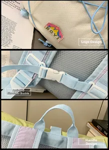 Detail of color-block nylon backpack featuring breathable mesh straps and durable buckles