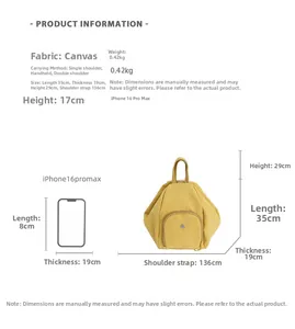 Detailed dimensions of yellow canvas backpack with multi-way strap and size metrics