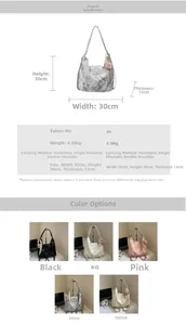 Detailed size guide and multi-way carry options for the silver pleated tote bag