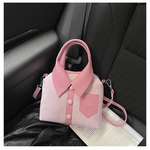 Detail of pink creative shirt-shaped handbag with faux collar and decorative buttons