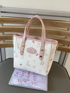 Women Cute Cartoon Rabbit Print PU Leather Shoulder Bag Sweet Bow Heart Pattern Tote Handbag Summer Fashion Daily Casual