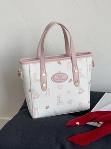 Floral print bucket bag for women with cute rabbit patterns and pink trim handles