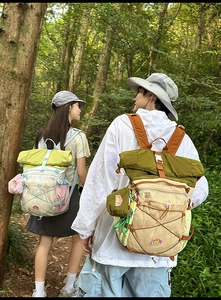 Detail of color-block hiking backpacks with durable drawstrings and outdoor gear setup