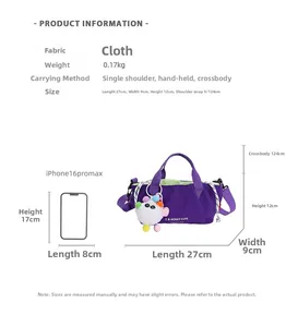 Detailed sizing chart and specifications for the casual purple fabric crossbody handbag