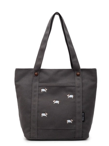 Grand sac fourre-tout en toile gris foncé avec broderie de teckel détaillée sur le devant