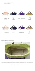 Detail view of colorful nylon crossbody bags with drawstring closure and cute charms