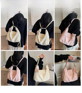 Three-way tote bag detail showing shoulder and backpack styles in beige and pink