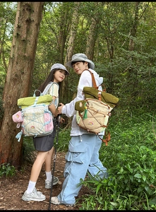 Outdoor hiking backpacks with color-block nylon design and adjustable bungee cords