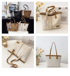 Vue détaillée de grands sacs cabas en quatre couleurs avec cuir grainé et foulards en soie