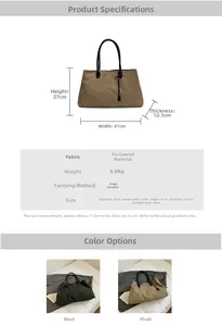 Dimensioni e peso per la borsa da viaggio capiente in pelle PU nei colori nero e kaki