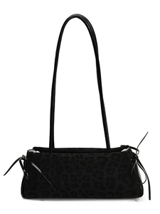 Leopard print black baguette shoulder bag with long straps and stylish side knot drawstrings
