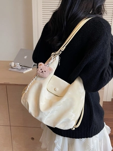 Women Large Capacity PU Leather Shoulder Bag Fashion Korean Style Two-Way Backpack Pleated Hobo Tote Bag With Plush Bear Pendant