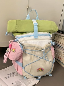 Lightweight colorblock outdoor backpack with roll-top design and mesh front pocket