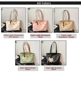 Detailed grid view showing five colors of large tote bags with floral charms