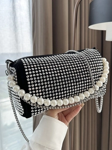 Luxury Rhinestone Evening Bag Artificial Pearl Handle Crossbody Bag Cylinder Handbag Metal Chain Strap Party Wedding Clutch Jewelry Bag