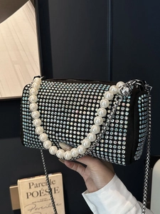 Luxury Boston bag with colorful crystals, pearl handle and silver chain strap for women