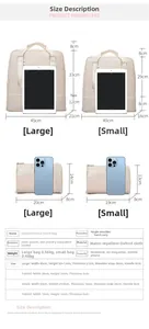 Size chart showing large and small foldable travel bags with dimensions and weight specs