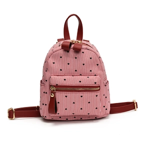 Mini red and white striped canvas backpack with black heart prints and front zipper pocket