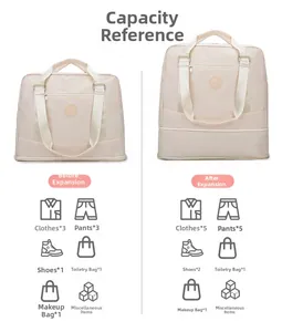 Detail view of expandable travel bag showing size comparison and bottom shoe compartment