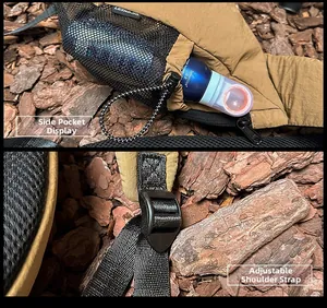 Detail of side mesh pocket with drawstring for water bottle and adjustable nylon strap