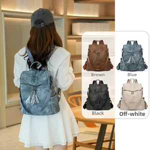 Detail view of anti-theft leather backpack in blue, brown, black, and beige colors